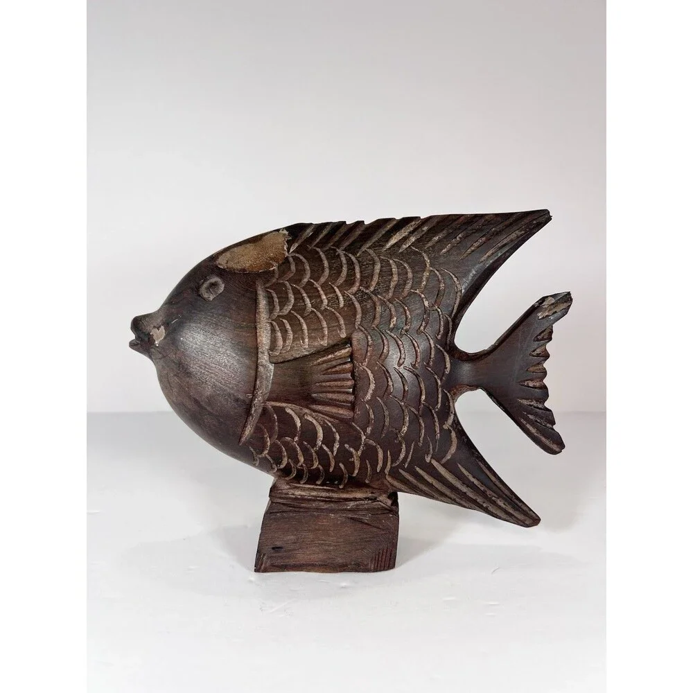 Angel Fish Wood Sculpture Rustic Style Fisherman Gift Folk Art‎ Hand Carved 7.5”